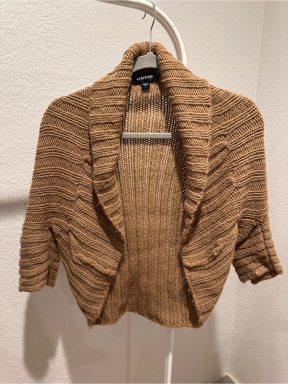 bebe Cropped Shawl Collar Cardigan in Camel